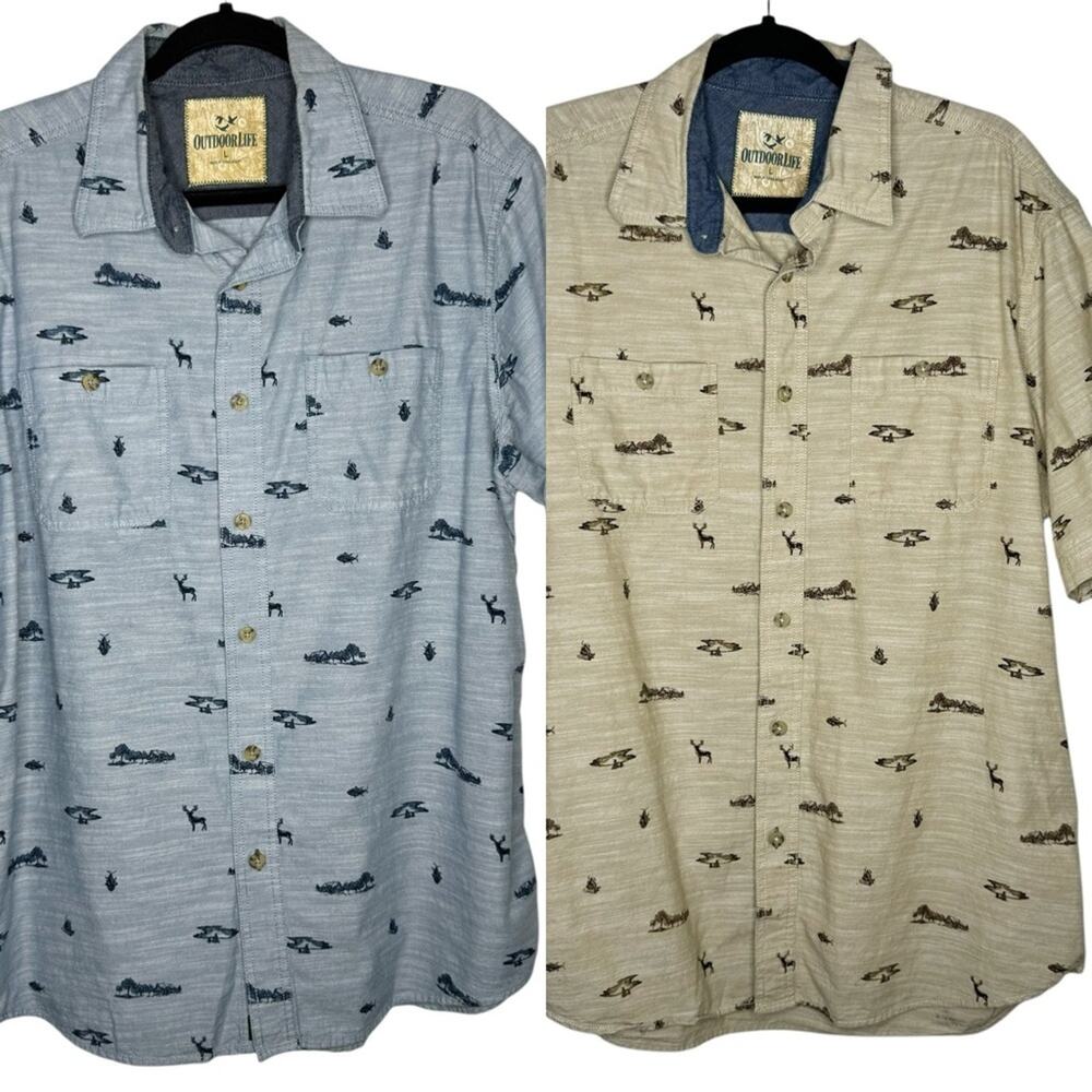 OUTDOOR LIFE / (2) nature wildlife camping short sleeve button down shirts / L